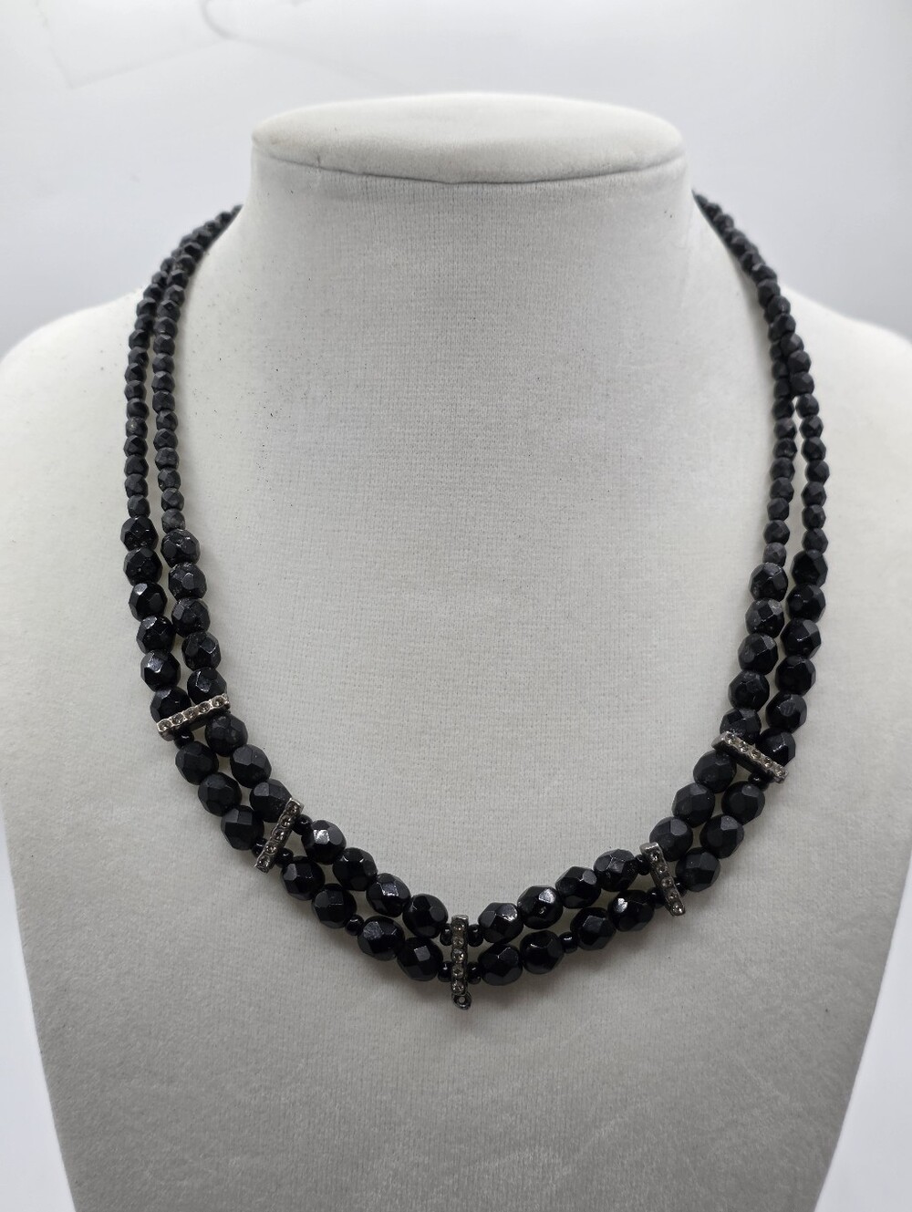 Robert Rose Double Strand Black Faceted Glass Bead Choker Necklace Rhinestone